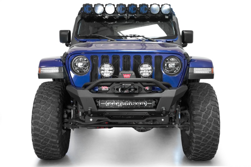 Jeep Wrangler JL Front Bumper - Addictive Desert Designs - Phantom Series, Stubby Winch, Satin Black Aluminum Accent Panels - Hammer Black - `18-`24